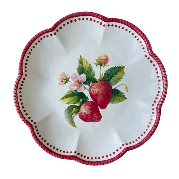Summer Strawberry Melamine Dinner Plates 11in Set of 4 Scalloped Edge NEW - Picture 1 of 12